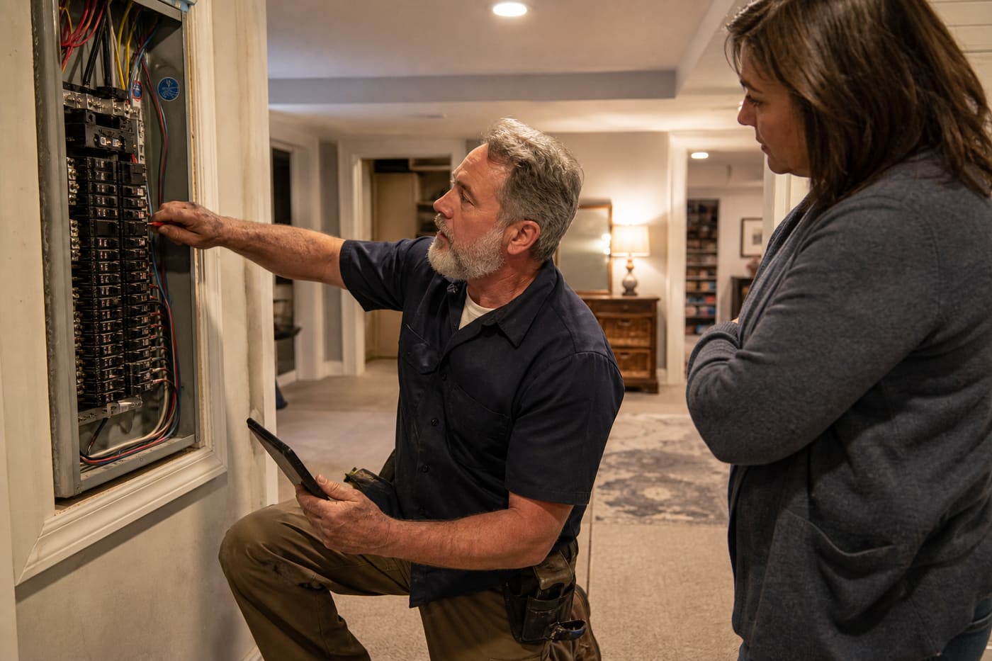 Electrician finishing a panel with the homeowner watching