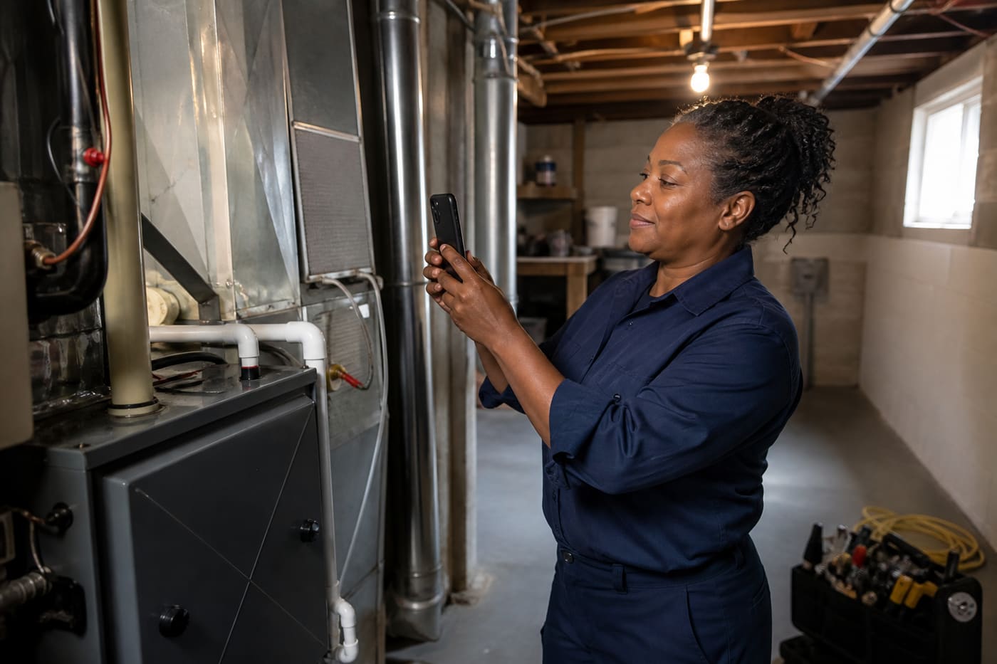 HVAC technician photographing a finished furnace install