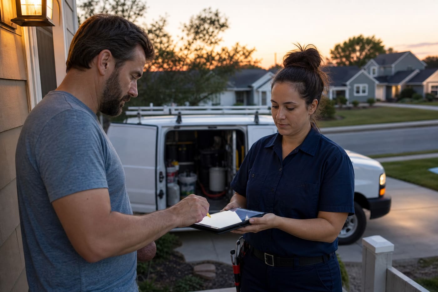 Homeowner paying on a tablet after a finished plumbing job
