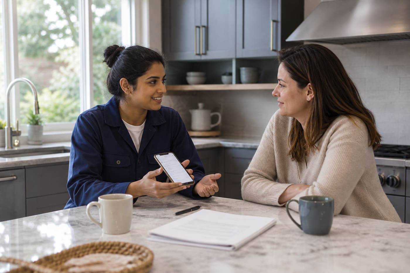 Shop owner walking a homeowner through a quote at the kitchen island