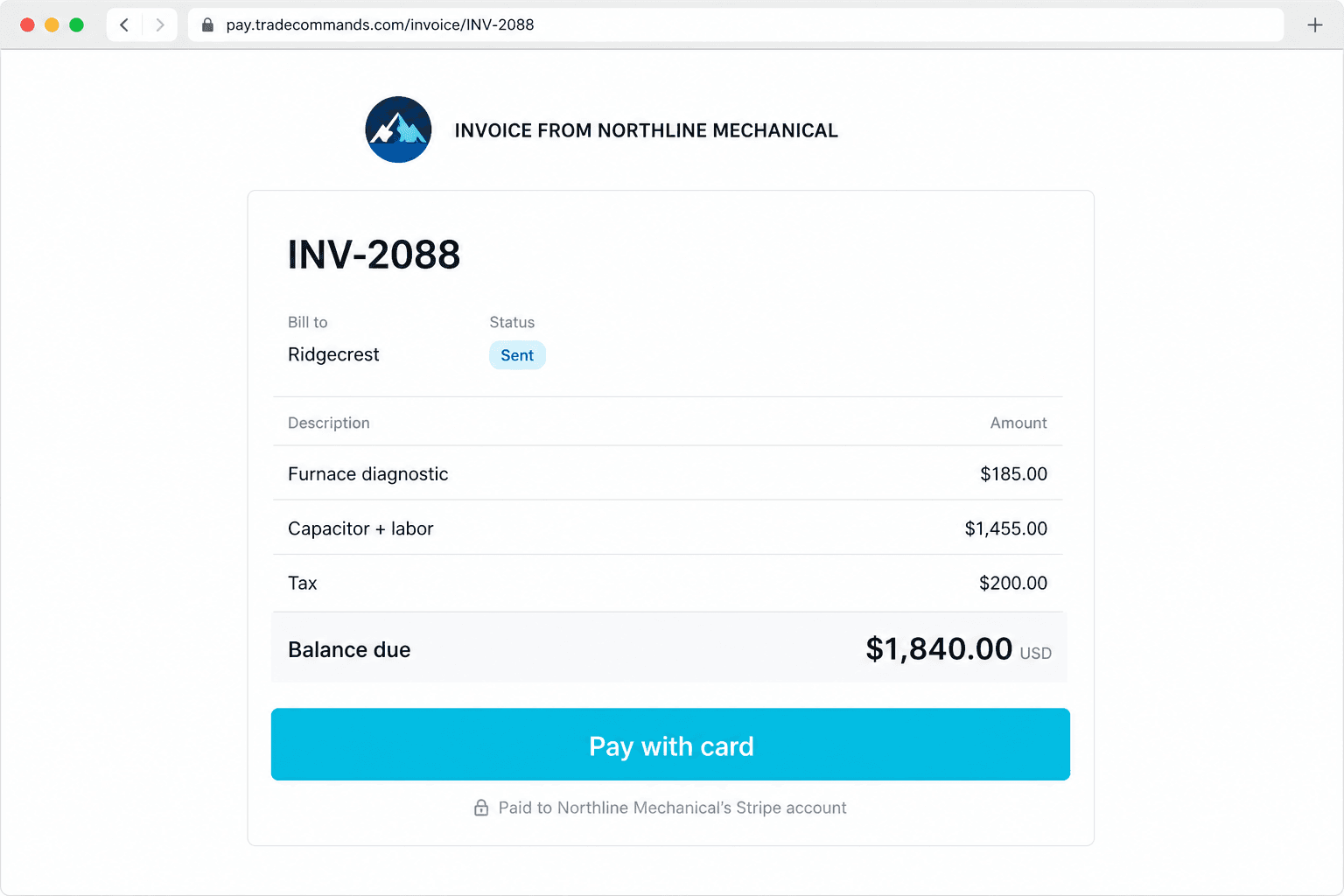 Customer invoice pay link for card payment to the contractor’s Stripe