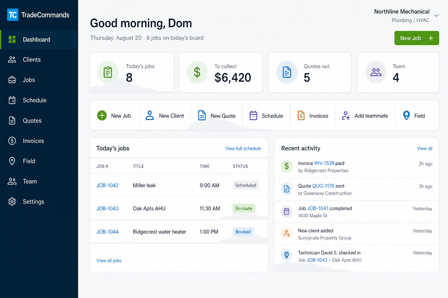 TradeCommands operations dashboard with today’s jobs and money to collect