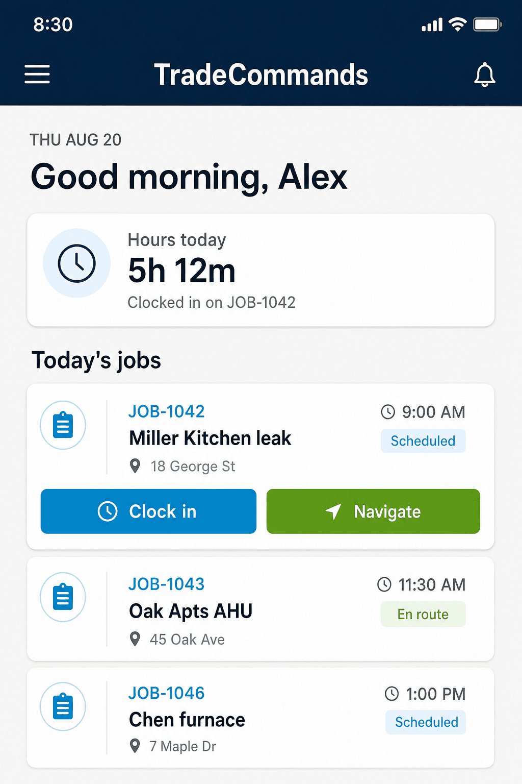 TradeCommands field view of today’s jobs on a phone