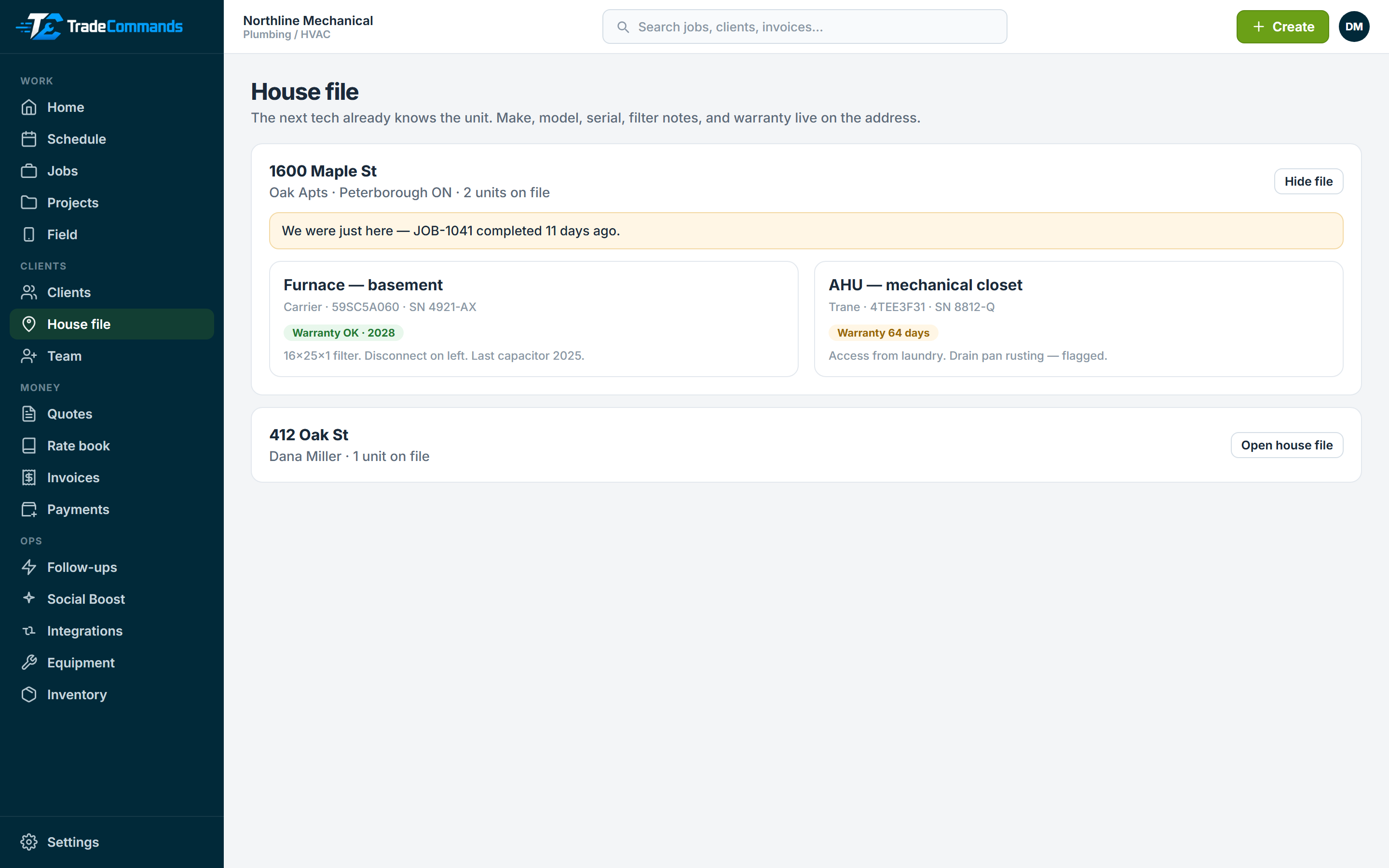 Make, model, serial, warranty, and “we were just here” live on the address — not in a tech’s notes app.