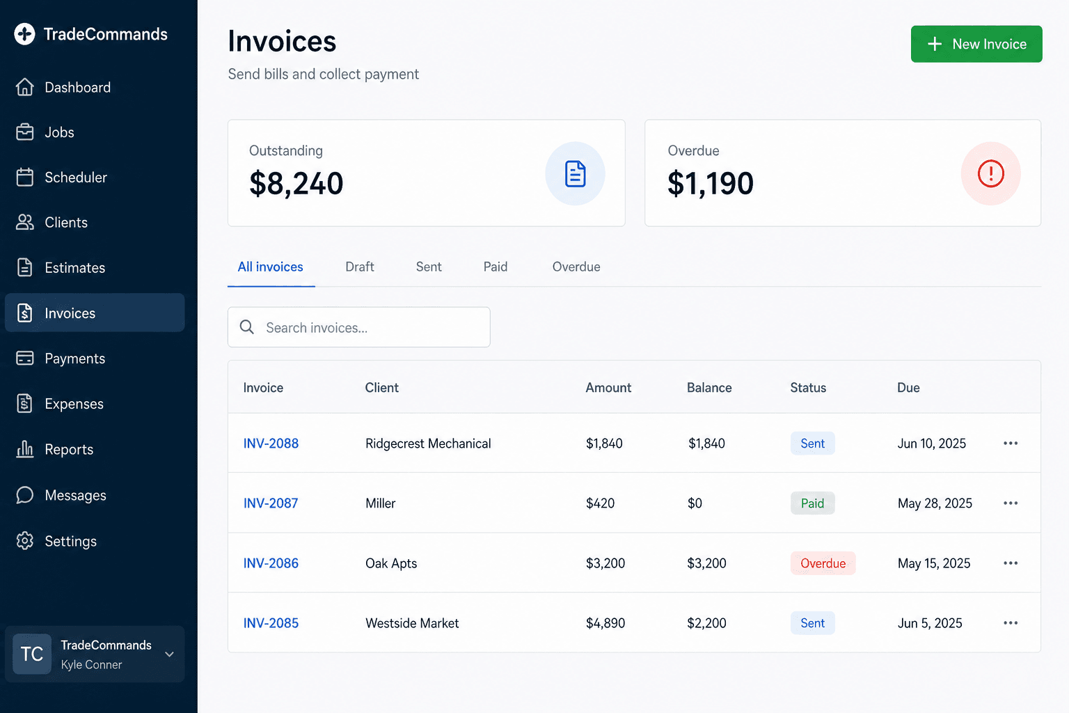 TradeCommands invoices list with outstanding balances