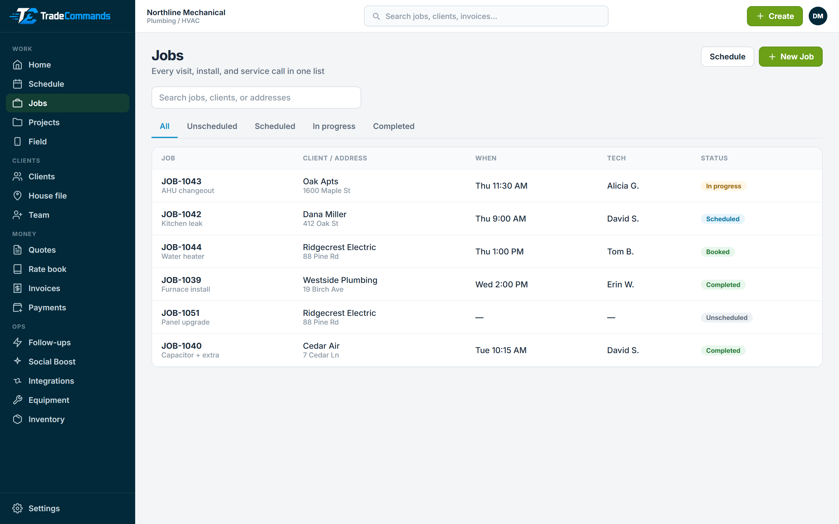Every call and install is a record: client, property, tech, and status from booked to complete.