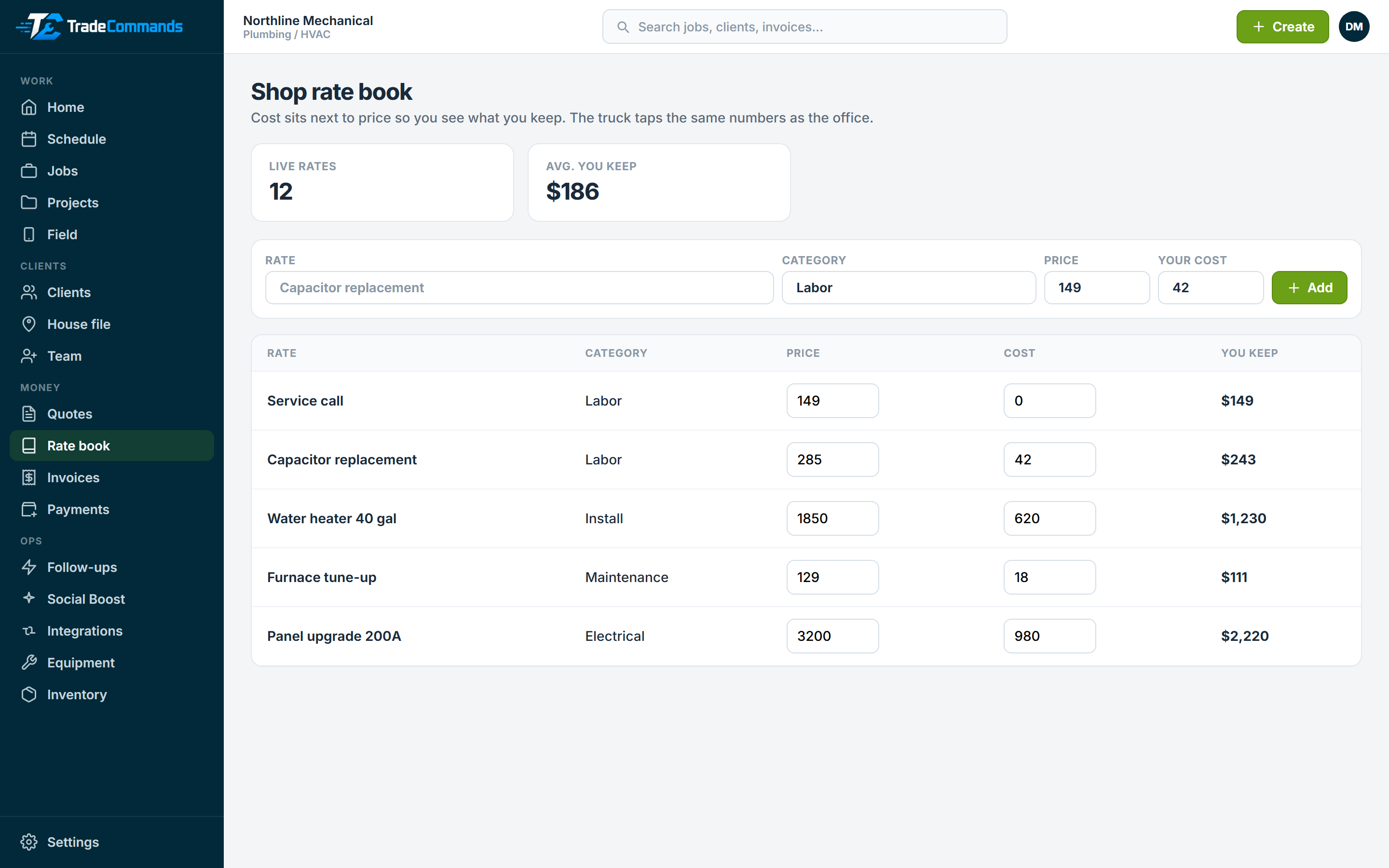 Office and truck tap the same prices. Cost sits next to price so you see what you keep on the line.