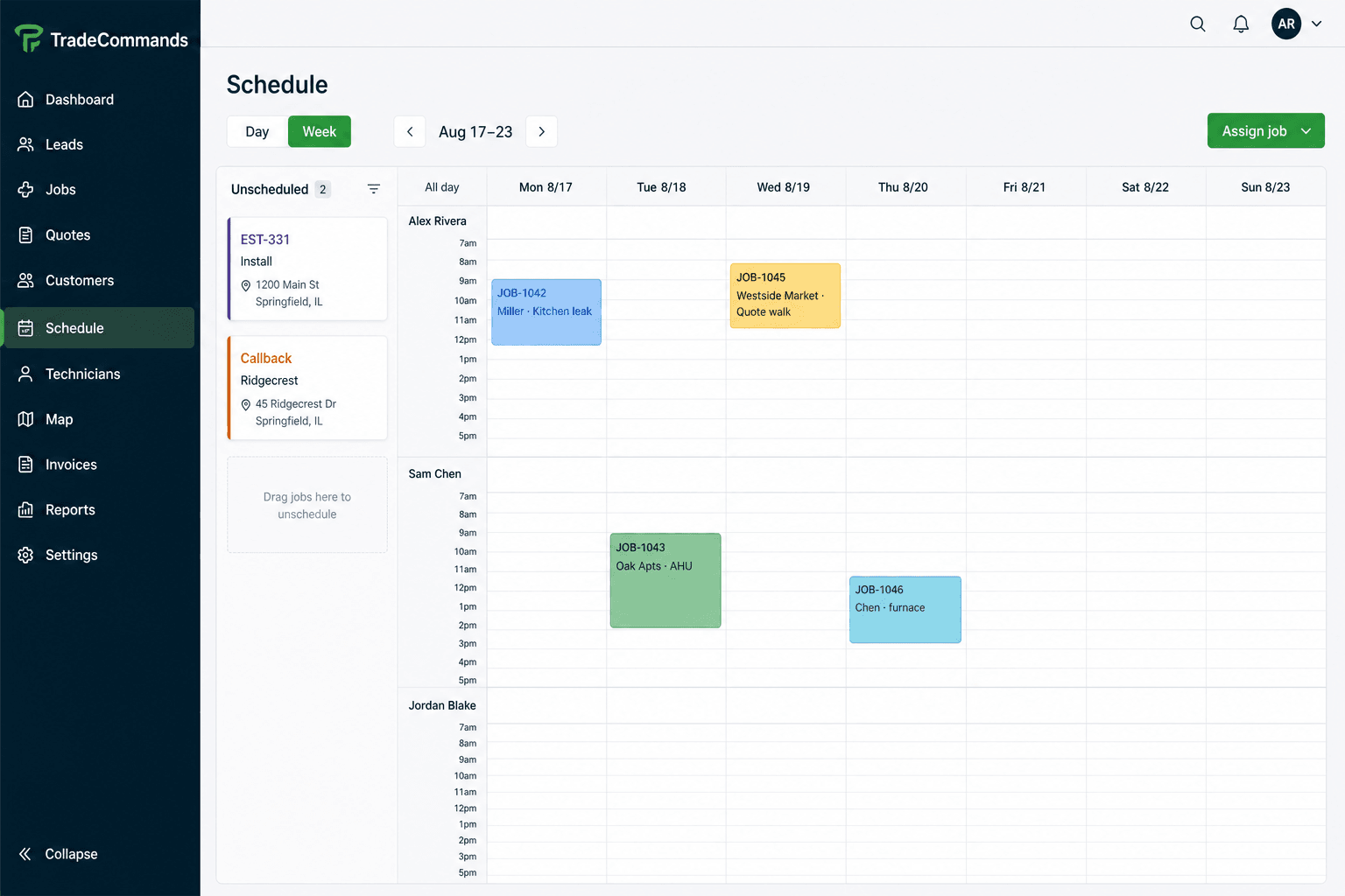 TradeCommands week schedule with jobs assigned to technicians
